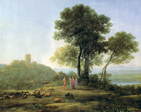 Claude Lorrain: Krajina s Jákobem a jeho dcerami, 1676 - ideální, arkadský typ krajiny od vyhlášeného krajináře