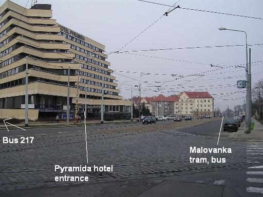 Pyramida hotel and tram stops