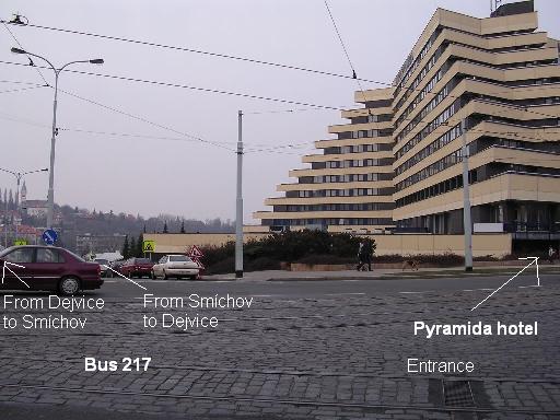 Pyramida hotel and Pod Kralovkou stops of bus 217