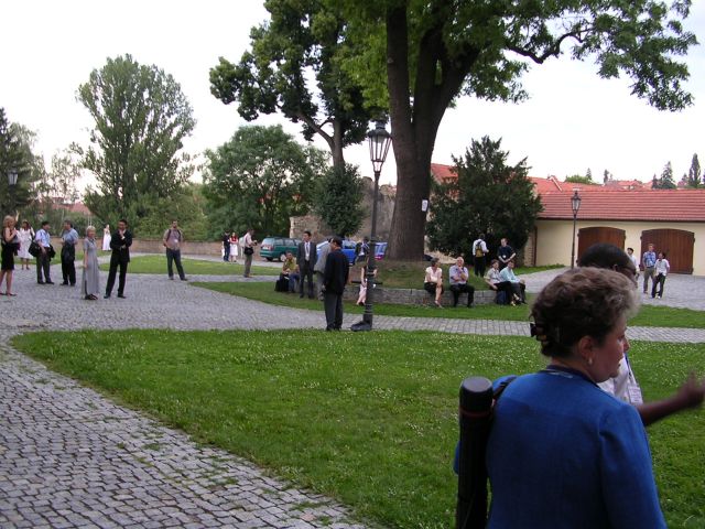 In yard of Břevnov archabbey before the welcome dinner, Monday evening