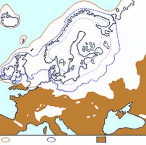 Mapa zalednění Evropy (hnědě nezaledněná část pevniny, plná modrá čára značí hranici posledního zalednění a přerušovaná modrá je odhad mocnosti ledovce). Podle P. Woldsteda (1958) kreslil S. Holeček 