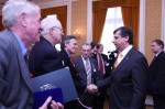 The Prime Minister is congratulating Thomas Blanton, the director of the National Security Archive. Further from left to right are: Prof. Alex Pravda (Oxford University), Prof. Mark Kramer (Harvard University), Prof. Vilém Prečan (Czechoslovak Documentary Centre), Prof. William Taubman (Amherst College) and Michael Dockrill – husband of Prof. Saki Dockrill who was awarded in memoriam.