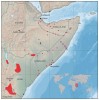 Schematická mapa rozšíření gekončíků rodu Holodactylus - červeně H. africanus, modře H. cornii, Tt typová lokalita. Orig. P. Konečný a T. Mazuch podle dat z muzea La Specola ve Florencii,  muzea Akademie věd v San Franciscu  a publikovaných údajů různých autorů