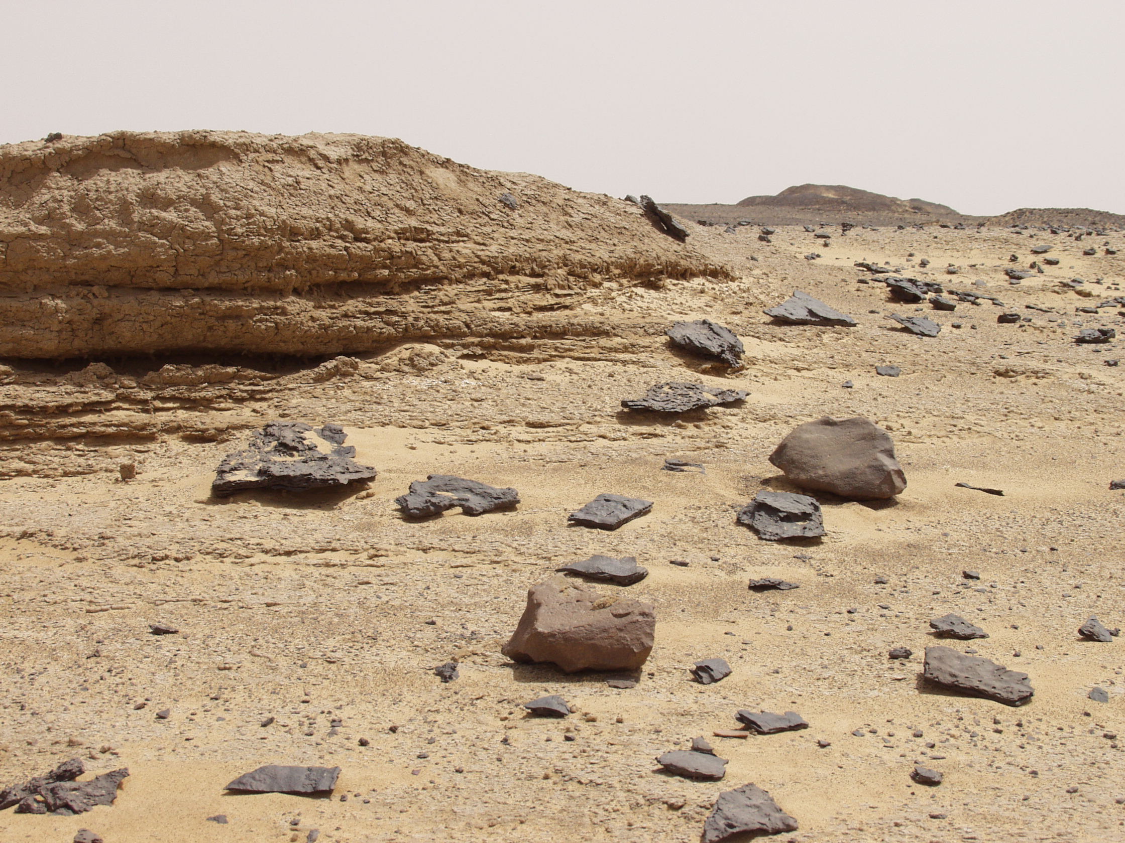 Dokumentace loveckých sídlišť v egyptské části Sahary. V sedimentech vyschlého jezera Mannsaf leží roztroušené nástroje epipaleolitu, v popředí dvě drtící desky. 