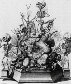 Mědirytina z knihy Thesaurus anatomicus (1701) s vyobrazením plastiky anatomických preparátů (smutné dětské kostry na hřbitově tvořeném rašícím křovím z cév a kostí), ze sbírky holandského anatoma Frederika Ruysche. Archiv M. Chumchalové / © Archive M. Chumchalová