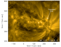 Obrázek vlevo – pozorování aktivní oblasti 11704 s tranzientní koronální smyčkou v pásmu propustnosti 171Å přístrojem Atmospheric Imaging Assembly na družici Solar Dynamics Observatory. Foto: NASA.