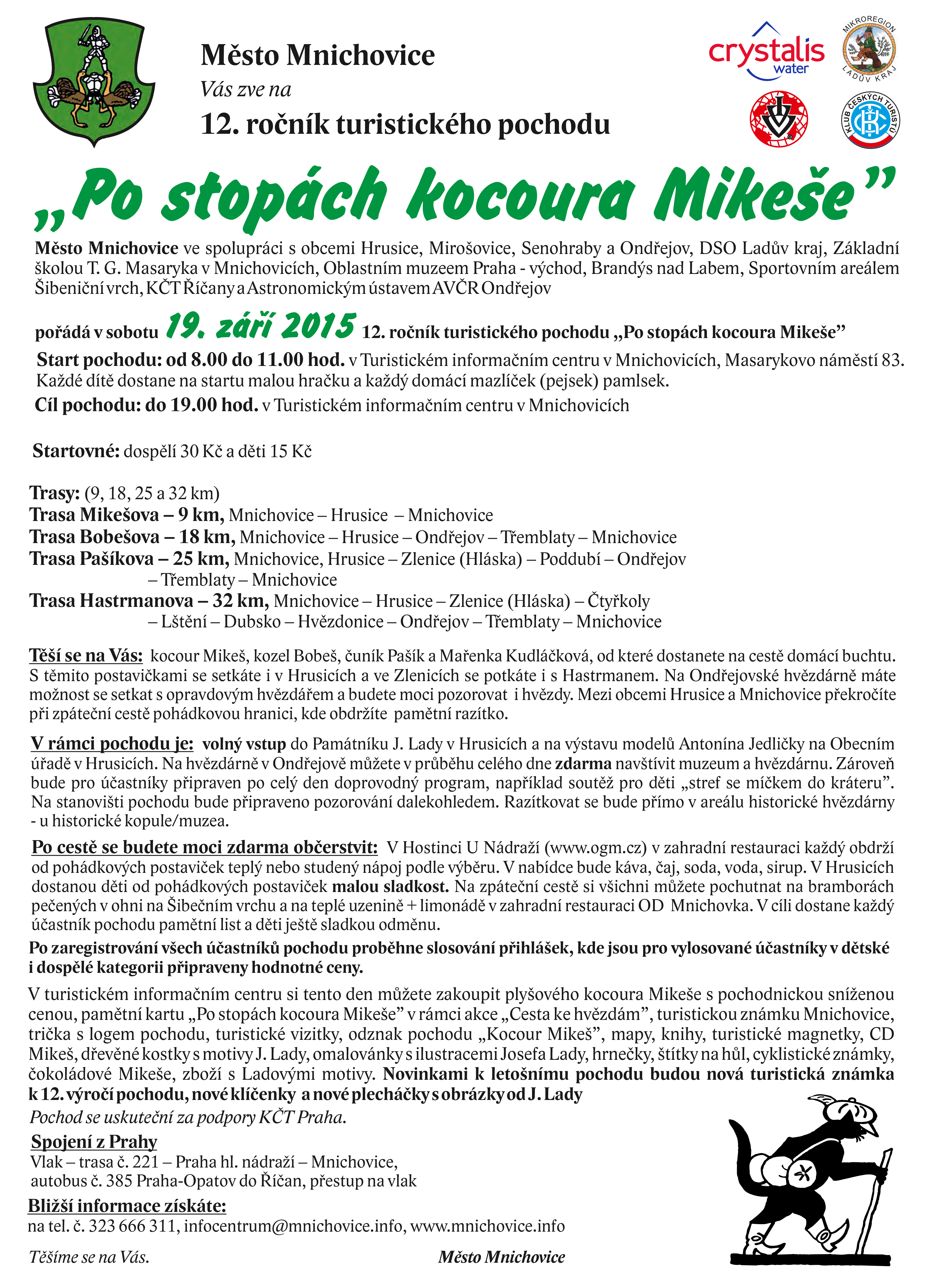 Plakát ke 12. ročník turistického pochodu "Po stopách kocoura Mikeše" 19. září 2015.