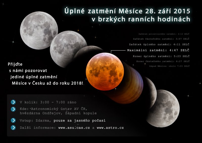 Pozvánka - pozorování úplného zatmění Měsíce 28. září 2015 na ondřejovské hvězdárně. Kliknutím na obzázek si můžete stáhnout PDF plakát ve formátu A3.