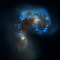 Galaxie Tykadla (NGC 4038 a NGC 4039) v souhvězdí Havrana na jižní obloze: blízká srážka dvou spirálních galaxií, při které vznikají hmotné hvězdokupy. Foto: ESO.