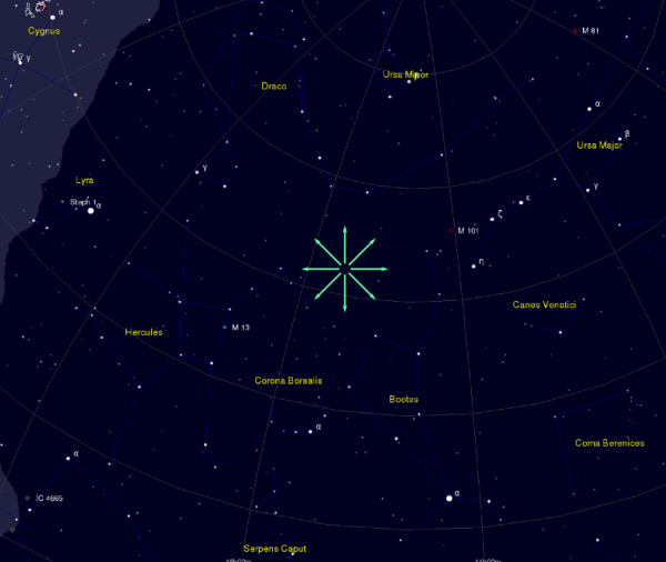 Přibližná poloha radiantu Kvandrantid na hvězdné obloze.