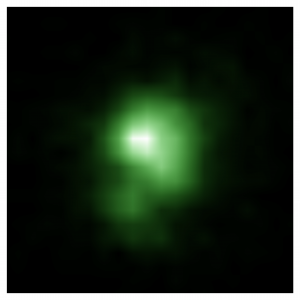 Na fotografii je trpasličí galaxie J0925 s unikajícím ionizujícím zářením pořízená Hubbleovým dalekohledem. Galaxie je od Země vzdálená tři miliardy světelných let, má průměr šest tisíc světelných let, a je tedy dvacetkrát menší než Mléčná dráha. Autor: I. Orlitová