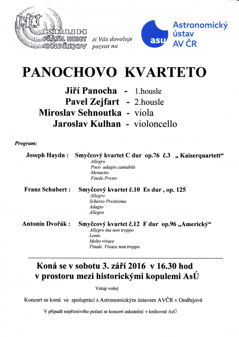 Program koncertu Panochova kvarteta 3. září na ondřejovské hvězdárně.
