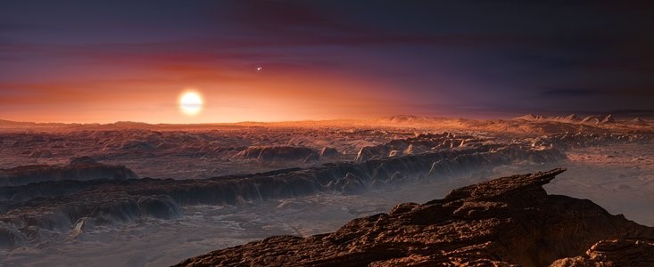 Umělecká představa vzhledu planety Proxima b nad jejím povrchem. Jasná hvězda je Proxima, dvojice slabších pak dvojhvězda Alfa Centauri. Grafika: M. Kornmesser/ESO.