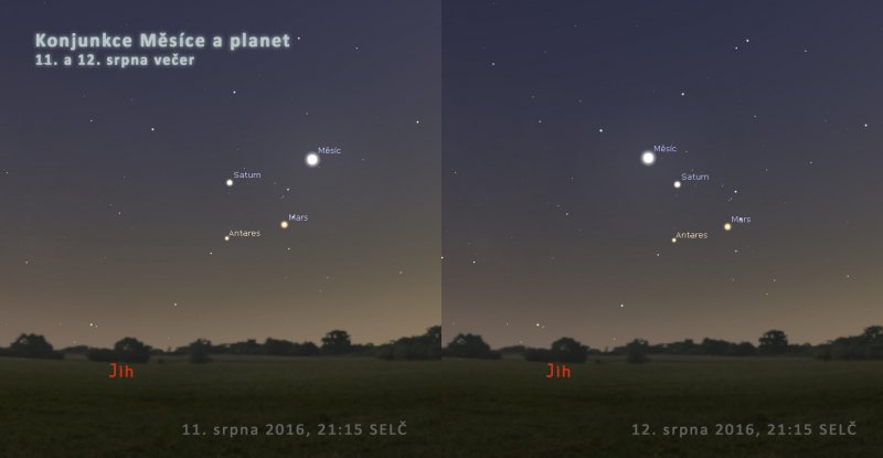 Fotogenická konjunkce planet s Měsícem a hvězdou Antares 11. a 12. srpna za  soumraku nízko nad jižním obzorem zpestří pozorování Perseid. Zdroj: Stellarium.