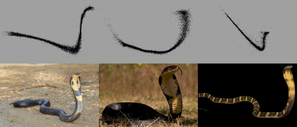 Proč létající hadi? Protože útvary molekulárního vodíku (nahoře v reprezentaci z numerické simulace) často připomínají zmíněné hady (dole). 
