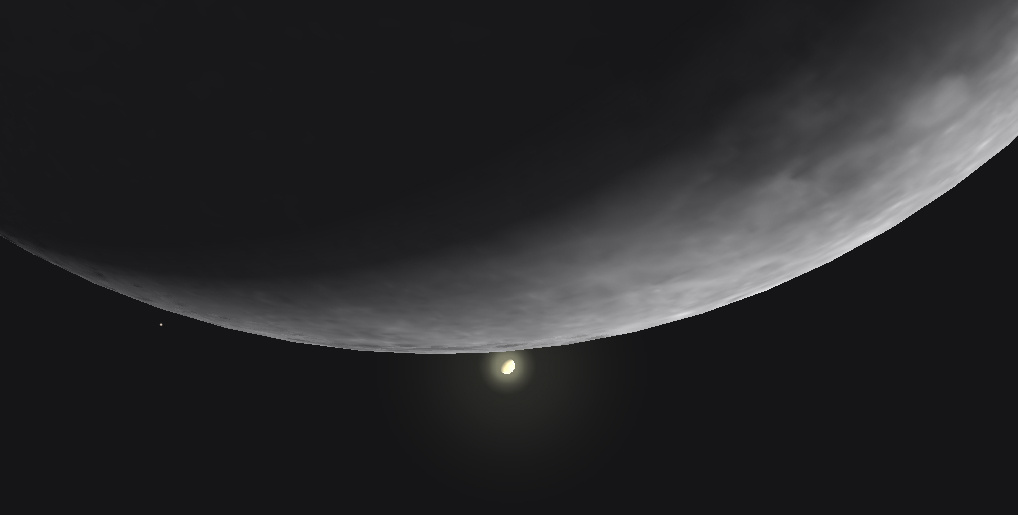 Pohled velkým dalekohledem na detail měsíčního srpku krátce po výstupu Venuše. Oba objekty v té době budou velmi nízko nad obzorem, což zjista znepříjemní pozorování.