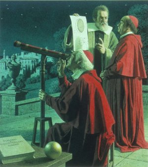 Slavná malba Galileo a kardinálové z roku 1857, na které se Galileo snaží přesvědčit zástupce církve o jejich nesprávném postoji k vesmíru. Autor: Jean Leon Huens.