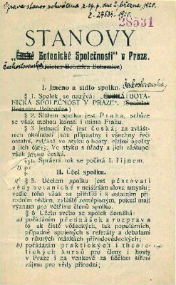 Faksimile úvodní stránky stanov  České botanické společnosti z r. 1912 s poznámkami jejího prvního vědeckého tajemníka Františka A. Nováka