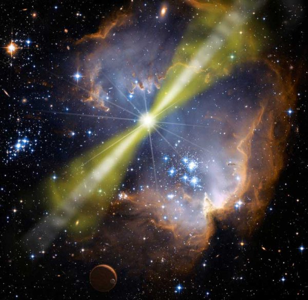 Představa malíře o probíhajícím záblesku gama v oblasti tvorby hvězd. Vysokoenergetická emise je kolimována do dvou protilehlých výtrysků. (c) NASA