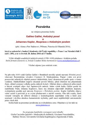 Pozvánka na prezentaci českého překladu děl Galilea Galilei a Johanna Keplera (beseda s překladateli Alenou a Petrem Hadravovými). Autor: Astronomický ústav AV ČR.