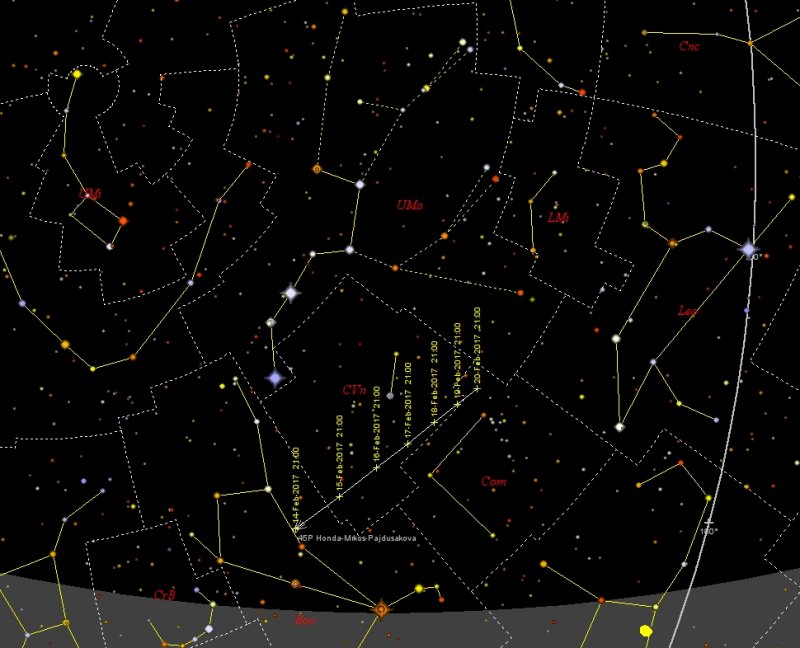 Dráha komety 45P Honda-Mrkos-Pajdušáková na večerní obloze Autor: SkyMap.