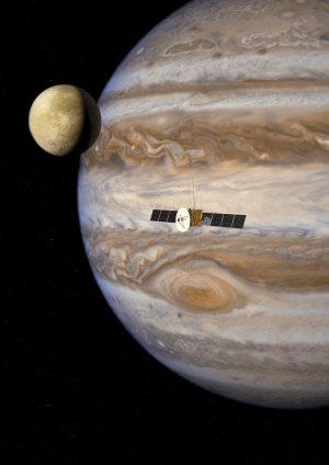 Umělecká představa sondy JUICE u Jupiteru. Sonda má odstartovat v roce 2022. Akademie věd se rovněž podílí na vývoji a výrobě jednoho z vědeckých přístrojů, který bude na palubě sondy. Zdroj: ESA.