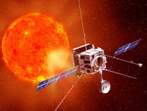 Umělecká představa mise Solar Orbiter, jejíž start je plánován na konec roku 2018 a která bude pozorovat Slunce z bezprostřední vzdálenosti. Akademie věd se podílí na vývoji a výrobě tří vědeckých přístrojů, které budou pracovat na palubě této sondy. Zdroj: ESA.