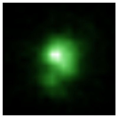 Snímek galaxie J0925 typu zelený hrášek z Hubbleova dalekohledu. Průměr této galaxie je přibližně 6000 světelných let, je tedy asi dvacetkrát menší než Mléčná dráha. Byly takové galaxie typickými zástupci této třídy kosmických objektů v raném vesmíru?