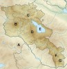Lokalizace v článku uvedených  horských celků a jezer. A – Ararat  (5 165 m n. m.), území dnešního Turecka;  B – Aragatz (4 090 m n. m.), nejvyšší hora Arménie; C – Chalabský hřeben s nejvyšší horou Chalab (3 016 m n. m.); D – pohoří Gegam (Aždaak, 3 597 m n. m.); E – jezero Sevan (1 900 m n. m.);  F – Bargušatský hřeben (Aramazd,  3 399 m n. m.); G – masiv hory  Khustup (3 201 m n. m.)