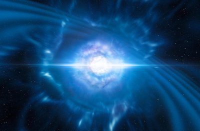 Umělecká představa srážky dvou neutronových hvězd. Autoři: ESO/L. Calçada/M. Kornmesser.