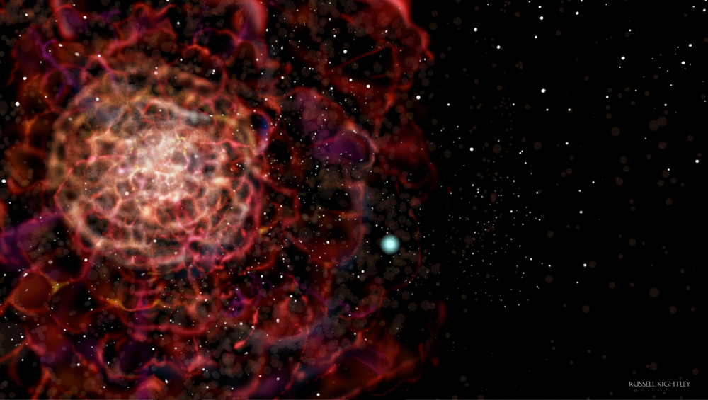 Malířova představa zbytku bílého trpaslíka, tryskem opouštějícího území nepovedeného výbuchu supernovy. Credit: Russell Kightley (http:scientific.pictures), used with permission.