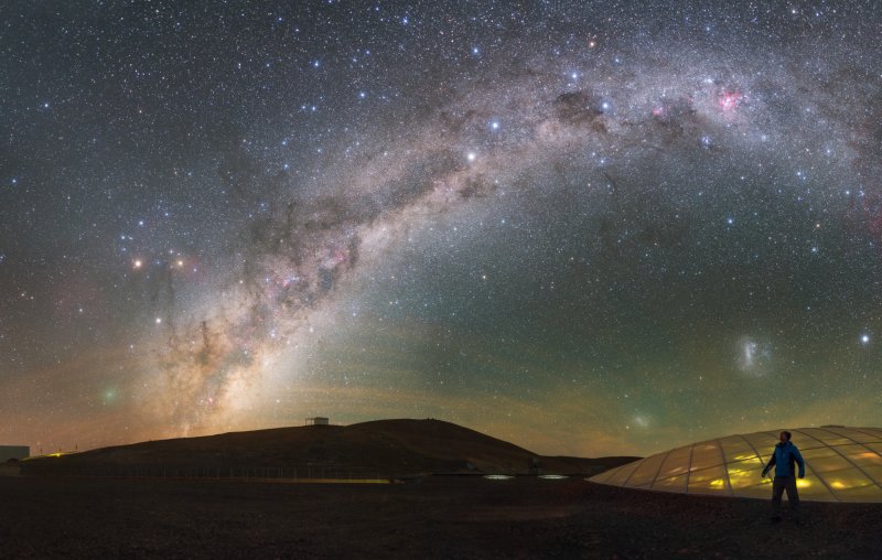 Slabě prosvětlená kupole hotelu Residencia na observatoři Paranal v Chile v ESO nevytváří žádné světelné znečištění, které by bránilo práci dalekohledů. Nad kupolí se snáší magický oblouk Mléčné dráhy proti přírodně tmavé obloze. Vlevo, v blízkosti horizontu, je kometa 252P / LINEAR, která ve dnech 22. až 23. března 2016 učinila pátý nejbližší kometární průlet k Zemi za celou známou historii lidstva. Foto: ESO / P. Horálek.