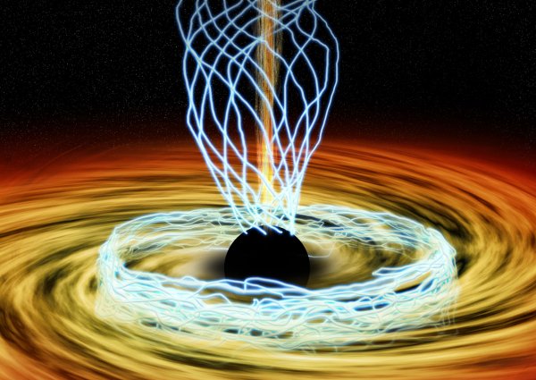 Malířova představa černé veledíry v centru Galaxie obklopené horkým akrečním diskem, jímž se proplétají silokřivky organizovaného magnetického pole. 