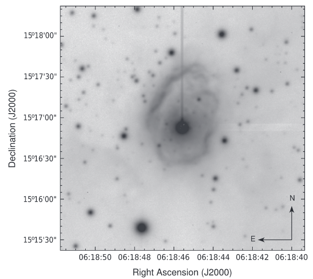 Rekonstruovaný snímek okolí MWC 137 pořízený v čáře Hα přístrojem ALFOSC na dalekohledu NOT. Tmavá čára od hvězdy nahoru a světlý pruh doprava jsou přístrojovými artefakty. Dobře je patrná komplikovaná struktura okolní mlhoviny. 