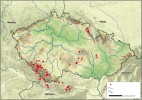 Současné rozšíření hořečku mnohotvarého českého (Gentianella praecox subsp. bohemica). Orig.: J. Brabec  a J. Zmeškalová (2011)