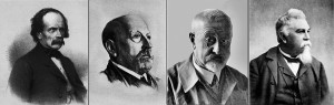Badatelé, kteří se v minulosti zasloužili o výzkum savčí fauny z Tuchořic. Zleva: August Emanuel Reuss (1811–73), Eduard Suess (1831–1914), Max  Schlosser (1854–1932) a Gustav Laube (1839–1923)