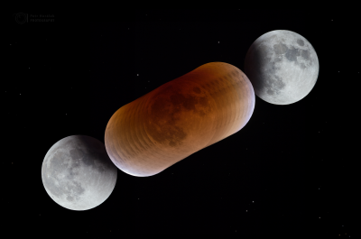 Průběh zatmění Měsíce a barev v zemském stínu zachycených 
během úkazu 31. ledna 2018. Foto: Petr Horálek