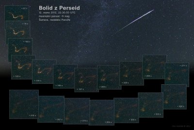 Pozoruhodný bolid z Perseid z roku 2012. Autor: Petr Horálek.