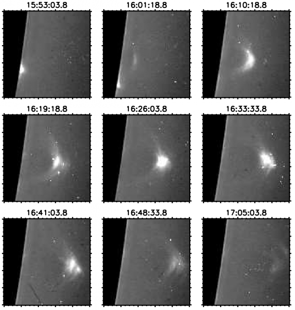 Sekvence snímků části okraje slunečního disku z přístroje HMI, které zachycují vývoj erupčních smyček v bílém světle. 