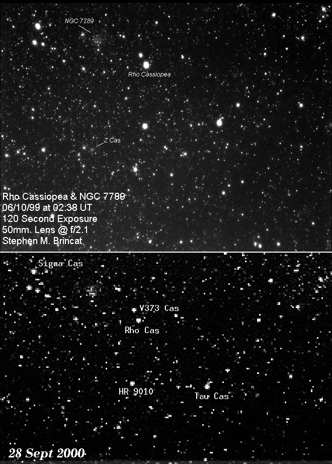 Dvojice pozorování oblasti kolem hvězdy ρ Cas v roce 1999 a v roce 2000, v průběhu výronu hmoty. Je zřejmé, že ve srovnání s okolními hvězdami je  ρ Cas na druhém snímku o poznání slabší. 