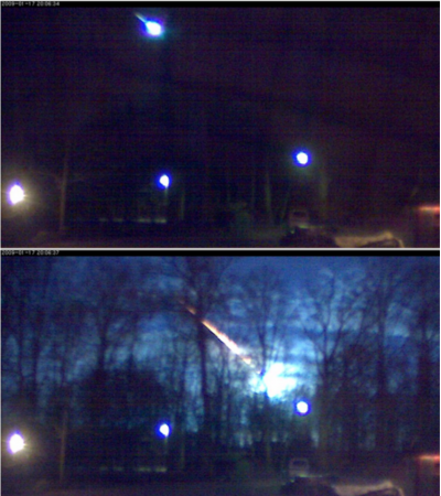 Dva snímky z videa pocházejícího z bezpečnostní kamery zachycují počátek průletu i jeho konec za stromy.