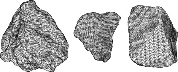 Geometrické modely tří vybraných zrn z celkových 36 vyšetřovaných. Geometrické modely tří vybraných zrn z celkových 36 vyšetřovaných.