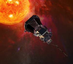 Družice Parker Solar Probe vstříc Slunci. Grafika: NASA. Družice Parker Solar Probe vstříc Slunci. Grafika: NASA.