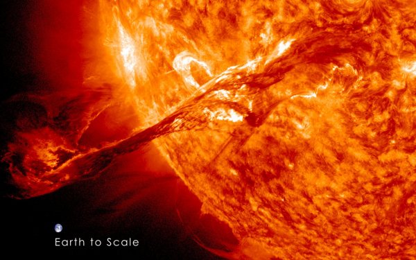 Filament z 31. srpna 2012, který byl předmětem studie J. Lörinčíka. Snímek byl pořízen v ultrafialovém světle přístrojem AIA@SDO a zobrazuje plazma o teplotě několika desítek tisíc stupňů. Jako měřítko je zobrazen kotouč Země.