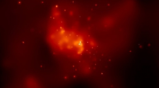 Rentgenový snímek centra Mléčné dráhy z družice Chandra zobrazený ve falešných barvách. Jasný bodový objekt v centru obrázku reprezentuje mohutný rentgenový záblesk, který zde proběhl v roce 2012. © NASA/MIT