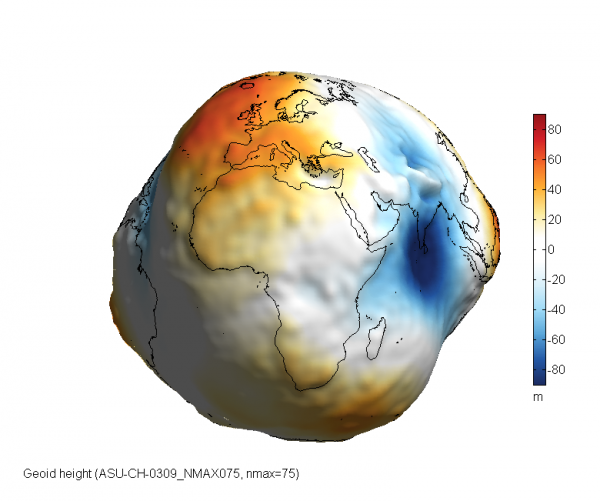 Model gravitačního pole Země (3D model) a výšky geoidu vypočtený z pohybů družice CHAMP v roce 2003.