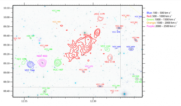 Širší pohled na zkoumanou oblast. Izofoty zobrazují struktury rádiové emise v určitých rychlostních kanálech, komplex oblaků neutrálních vodíku je zobrazen červenou konturou přibližně uprostřed obrázku. Dále jsou zobrazeny detekované polohy blízkých galaxií, pokud tyto galaxie nebyly zaznamenány rádiově, jsou označeny pouze elipsou. Na pozadí je přeložen optický snímek v negativních barvách. 