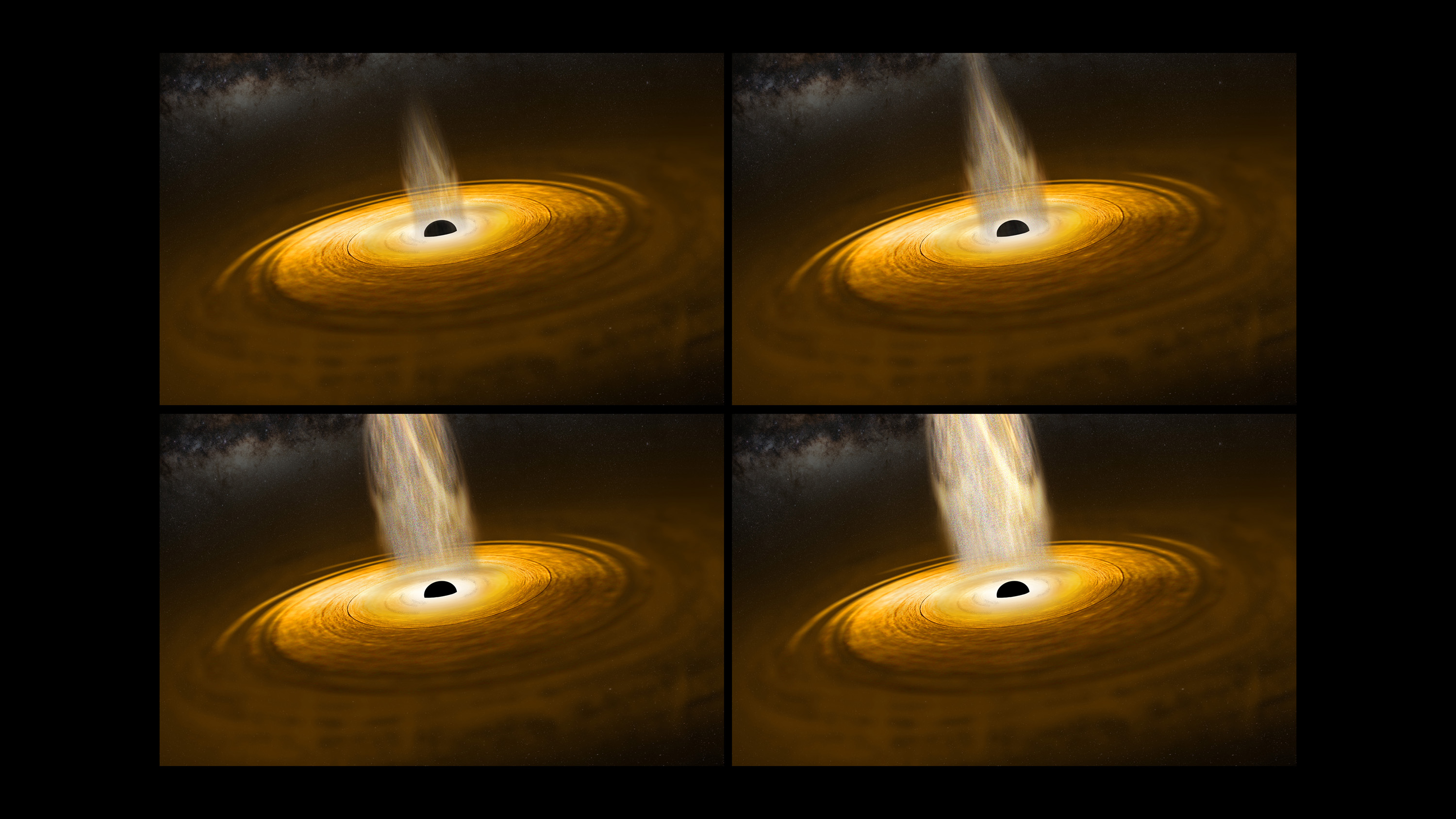 Umělecké ztvárnění dynamiky blízkého okolí černé díry reprezentující 4 snímky denních změn jasnosti během pozorování zdroje IRAS 13224–3809 v roce 2016 pomocí družice ESA XMM Newton.
