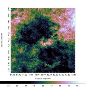 Druhý z nalezených párů srážejících se bublin, tentokráte na snímku pořízeném v čáře 21 cm, na které září neutrální vodík. Ten se nachází všude v okolí bublin, ale v místě, kde už je vodík ionizovaný - uvnitř bublin, se emise nachází jen minimálně. V místě kontaktu bublin je vidět další, neuzavřenou menší bublinu, která vznikla následkem tvorby nových hvězd. Autor: AsÚ AV ČR Druhý z nalezených párů srážejících se bublin, tentokráte na snímku pořízeném v čáře 21 cm, na které září neutrální vodík. Ten se nachází všude v okolí bublin, ale v místě, kde už je vodík ionizovaný - uvnitř bublin, se emise nachází jen minimálně. V místě kontaktu bublin je vidět další, neuzavřenou menší bublinu, která vznikla následkem tvorby nových hvězd. Autor: AsÚ AV ČR