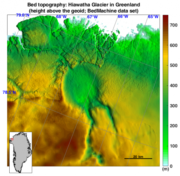 Obr 1. Topografie podloží v oblasti severozápadního Grónska ukazující kruhovitý útvar pod ledovcem Hiawatha. Výška nad úrovní moře v metrech. Přesnost ve výšce 10-20 m.